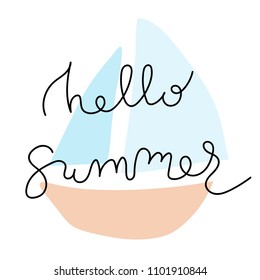 Summer Lettering, logos, with vector flat handdrawn cartoon style illustrations. Hello Summer