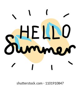 Summer Lettering, logos, with vector flat handdrawn cartoon style illustrations. Hello Summer