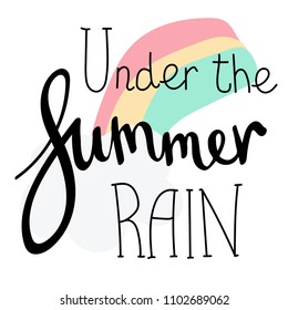Summer Lettering, logos, with vector flat handdrawn cartoon style illustrations. Under the summer rain