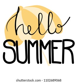 Summer Lettering, logos, with vector flat handdrawn cartoon style illustrations. Hello Summer