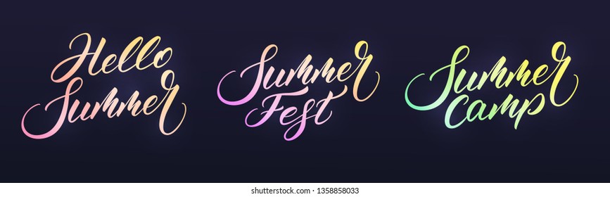 Summer lettering. Modern Summer calligraphy with trendy vibrant neon glowing colors. Vector labels for party, festival, camp, sale etc.