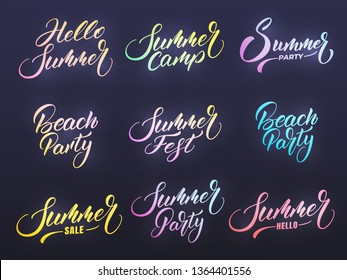 Summer lettering. Modern Summer calligraphy with trendy vibrant neon glowing colors. Vector labels for party, festival, camp, sale etc.