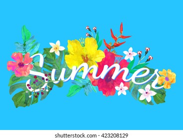 Summer lettering on abstract hand painted tropical composition. Isolated hibiscus flowers and green palm, monstera leaves. 