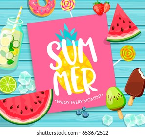 Summer lettering on blue wooden background with pineapple, watermelon, detox, ice, donut, ice cream, lime and candy. Vector Illustration.