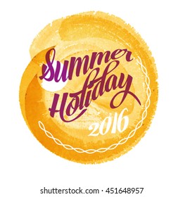 Summer lettering on orange watercolor stroke. Vector illustration with sun.