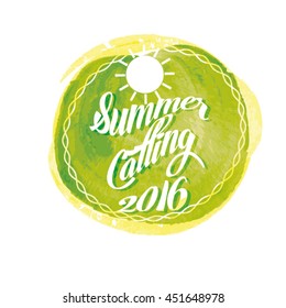 Summer lettering on orange watercolor stroke. Vector illustration with sun.