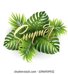 Summer lettering on palm leaf background. Vector illustration EPS10