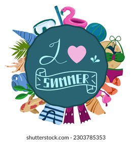 Sommerbriefe zum Thema Urlaub im Stil von Cartoons. Vektorbild von Objekten für Sommererholung und Schwimmen.