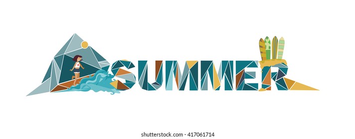 Summer lettering on white background, dedicated to vacation, holidays and sea, with surf boards, sand and girl who jumps to the sea. Letters based on triangles graphic. Branding vector illustration.