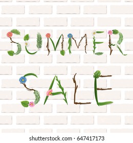Summer lettering, palm branches and flowers on brick wall background. Vector illustration EPS10.