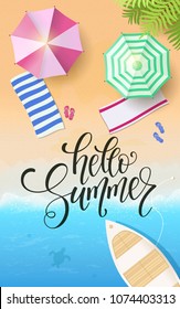 Summer lettering, palm branches. Tropical background, blue ocean landscape. Vector illustration EPS10.