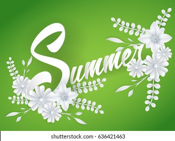 summer lettering with paper art flowers on bright background