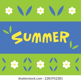 Summer lettering with a pattern in retro style. Stylized daisies on a green background. Abstract composition with flowers. Handwritten text with flowers and leaves.