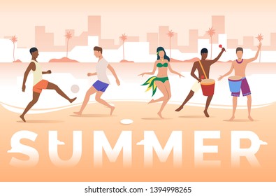 Summer lettering, people playing with ball and dancing on beach. Leisure, holiday, activity concept. Presentation slide template. Vector illustration for topics like summer, tourism, vacation
