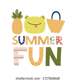 Summer lettering phrase and animals Summer theme, vibes, rest. Print for T-shirts, kids book, notebook, poster, postcard etc.Vector illustration.
