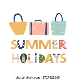 Palabra con letras de verano. Tema de verano, vibraciones, descanso. Imprimir para camisetas, libros para niños, cuaderno, afiches, postales, etc.Ilustración vectorial.
