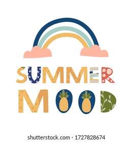 Palabra con letras de verano. Tema de verano, vibraciones, descanso. Imprimir para camisetas, libros para niños, cuaderno, afiches, postales, etc.Ilustración vectorial.
