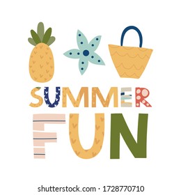 Summer lettering phrase. Summer theme, vibes, rest. Print for T-shirts, kids book, notebook, poster, postcard etc.Vector illustration.
