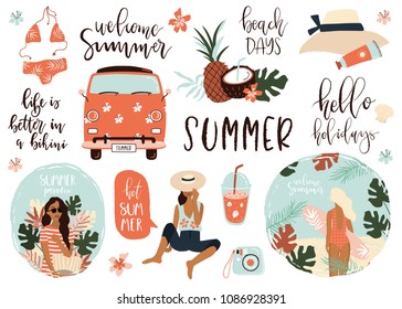 Summer lettering pop art set with holiday Elements. Pineapple, girls, coconut, palm, tropic, bus. Typographic design. Vector illustration.