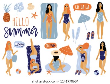 Summer lettering pop art set with holiday Elements. Pineapple, girls, coconut, palm, tropic, bus. Typographic design. Vector illustration.