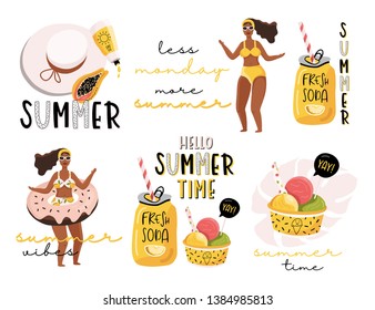 Summer lettering pop art set with holiday Elements. Girls, mango, ice cream, papaya,  palm leaves, tropic, sun. Typographic design. Vector illustration.