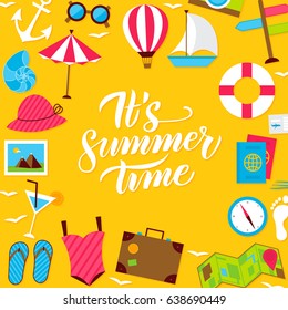 Summer Lettering Postcard. Vector Illustration of Flat Style Sea Travel Poster.