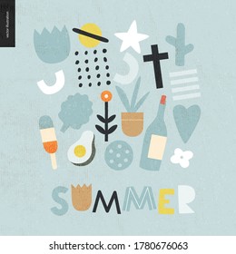 Summer lettering and primitive pattern with seasonal elements - flowers, avocado, ice cream, wine, saturn, heart, plants and a cross. Hand drawn flat style vector design, concept illustration