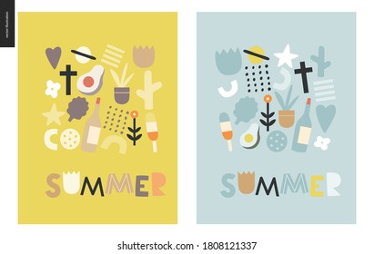 Summer lettering and primitive pattern with seasonal elements - flowers, avocado, ice cream, wine, saturn, heart, plants and a cross. Hand drawn flat style vector design, concept illustration