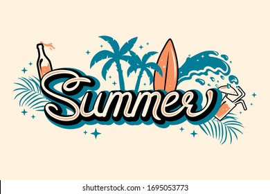 Summer lettering print. Cocktail, surf, waves, tropic leaves, palm trees on island background. Tropical border. 