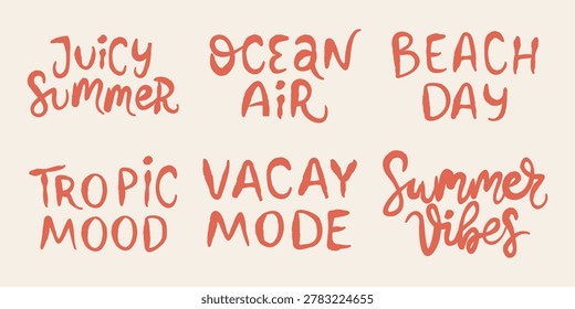 Summer lettering set with beach day, summer vibes, tropic mood, juicy summer, vacay mode and ocean air phrases. Hand drawn doodle typography in minimal outline style for seasonal design.