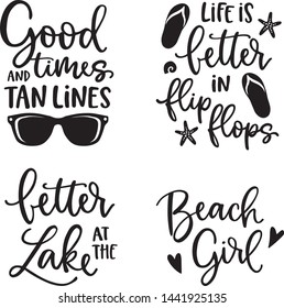 Summer lettering set. Black hand lettered quotes with shells, flip flops and sunglasses. For greeting cards, t-shirts. Typography collection. Vacation, beach and sea concept. Isolated vectors.