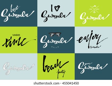 Summer lettering set of cards. Hand drawn labels and emblems isolated on background. Vecrot illustration for typography poster, postcard or apparel design