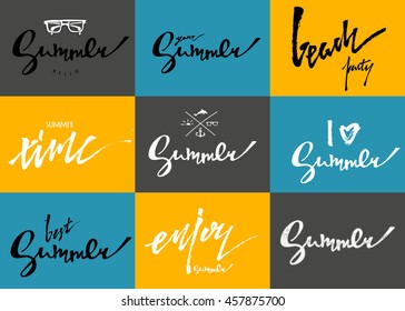 Summer lettering set of cards. Hand drawn labels and emblems isolated on background. Vecrot illustration for typography poster, postcard or apparel design