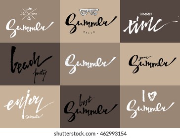Summer lettering set of cards. Hand drawn labels and emblems isolated on background. Vecrot illustration for typography poster, postcard or apparel design
