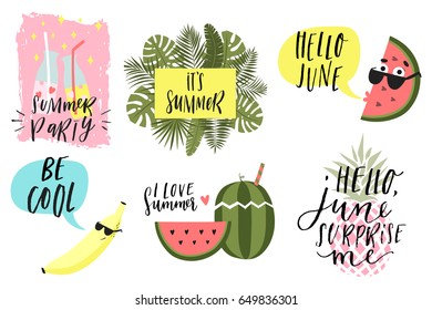 Summer lettering set with cute holiday elements. Lemonade, banana, watermelon, ice cream, pineapple, palm, tropic, sun. Typographic design Vector illustration