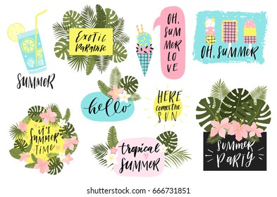 Summer lettering set with cute holiday elements. Ice cream, palm leaves, tropic flowers, sun. Typographic design. Vector illustration