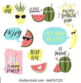 Summer lettering set with cute holiday elements. Lemonade, banana, watermelon, ice cream, pineapple, palm, tropic, sun. Typographic design. Vector illustration