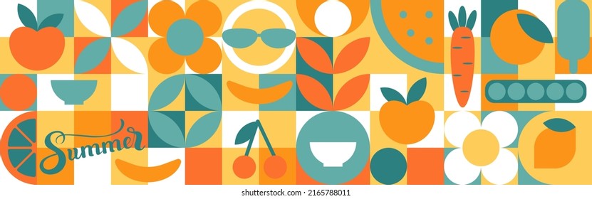 Summer lettering - set of geometric shapes, circles and squares drawn in flat cartoon vector. Fruits and vegetables in modern trendy 70s style - apple, orange, lemon, cherry and pea.