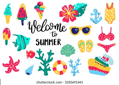 Summer lettering. Set hand drawn icons, signs and banners. Bright summertime poster. Collection Summer hand drawn elements for summer holiday and party. Summer Typographic. Vector illustration.