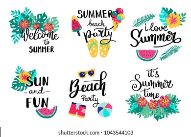 Summer lettering. Set hand drawn icons, signs and banners. Bright summertime poster. Collection Summer hand drawn elements for summer holiday and party. Summer Typographic. Vector illustration.