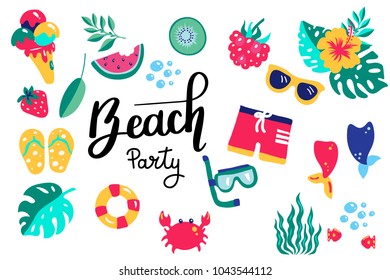 Summer lettering. Set hand drawn icons, signs and banners. Bright summertime poster. Collection Summer hand drawn elements for summer holiday and party. Summer Typographic. Vector illustration.