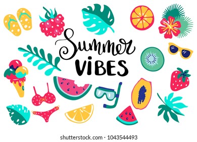 Summer lettering. Set hand drawn icons, signs and banners. Bright summertime poster. Collection Summer hand drawn elements for summer holiday and party. Summer Typographic. Vector illustration.