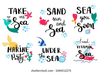 Summer lettering. Set hand drawn icons, signs and banners. Bright summertime poster. Collection Summer hand drawn elements for summer holiday and party. Summer Typographic. Vector illustration.