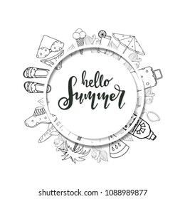 Summer lettering. Set hand drawn icons, signs and banners.