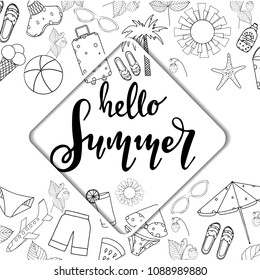 Summer lettering. Set hand drawn icons, signs and banners.