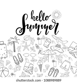 Summer lettering. Set hand drawn icons, signs and banners.