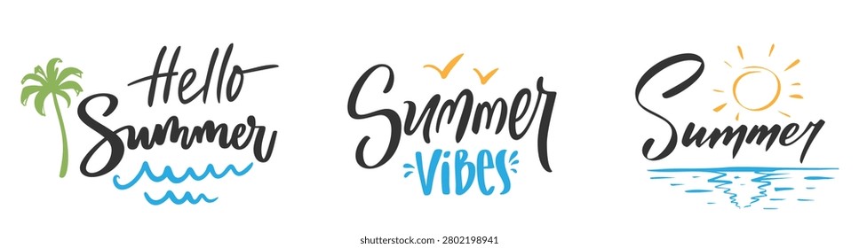 Summer lettering set. Handwritten calligraphy quote hello summer vibes with wave, sun, palm, seagull, sea for beach vacation, holiday, tropical poster, tshirt, sticker elements. Vector illustration