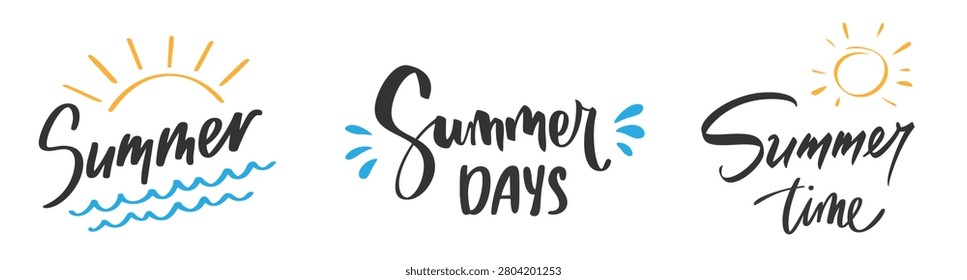 Summer lettering set. Handwritten quote summer days, time with sun, wave, splash, water drop for beach vacation, holiday, poster, tshirt, sticker, greeting seasonal art elements. Vector illustration