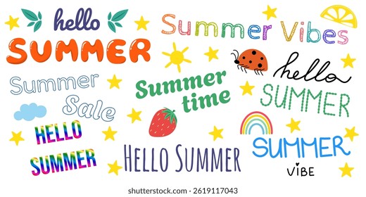Summer lettering set. Hello summer text. Summer time. Summer vibes
