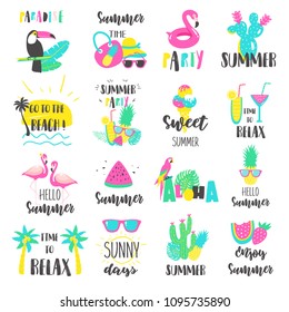 Summer lettering set with holiday elements. Vector illustration.